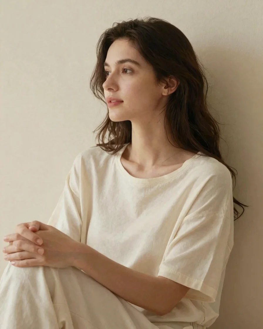 Warm editorial portrait of a woman seen from a three-quarter angl