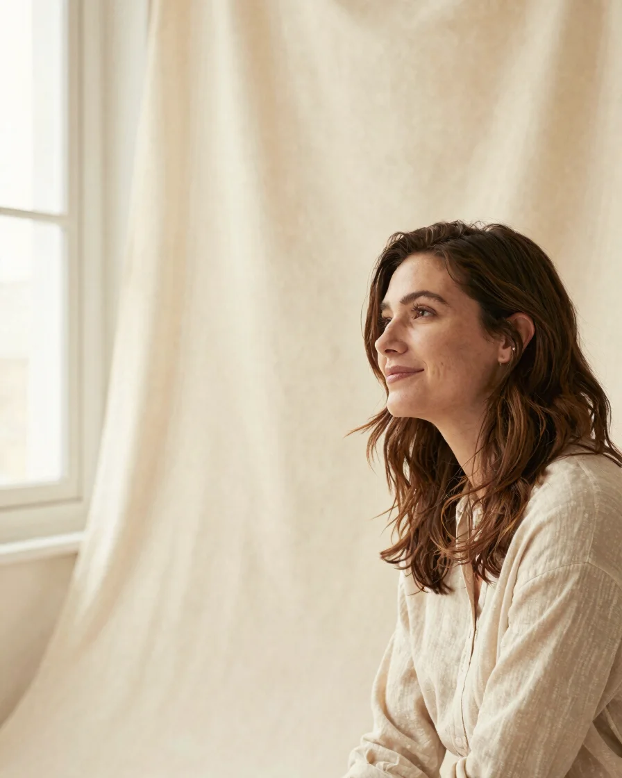 Panoramic editorial frame of a woman in soft natural window light in a bright neutral studio, ivory linen backdrop, cand