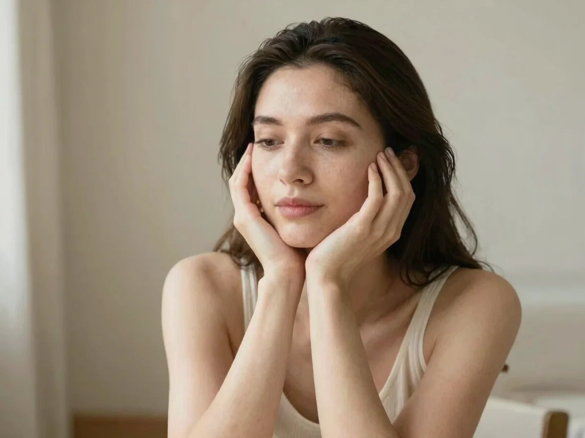 Intimate portrait of a woman in soft natural light, hands resting