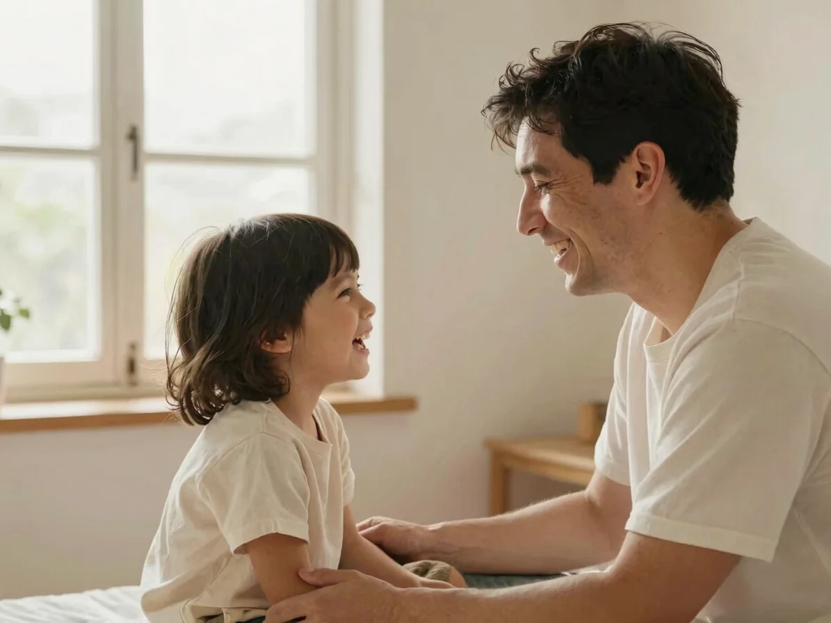 Warm family moment in a bright interior, parent and small child s