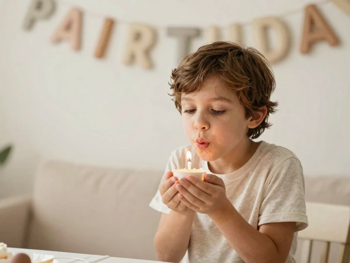 Birthday celebration at home, a child blowing out a small candle,