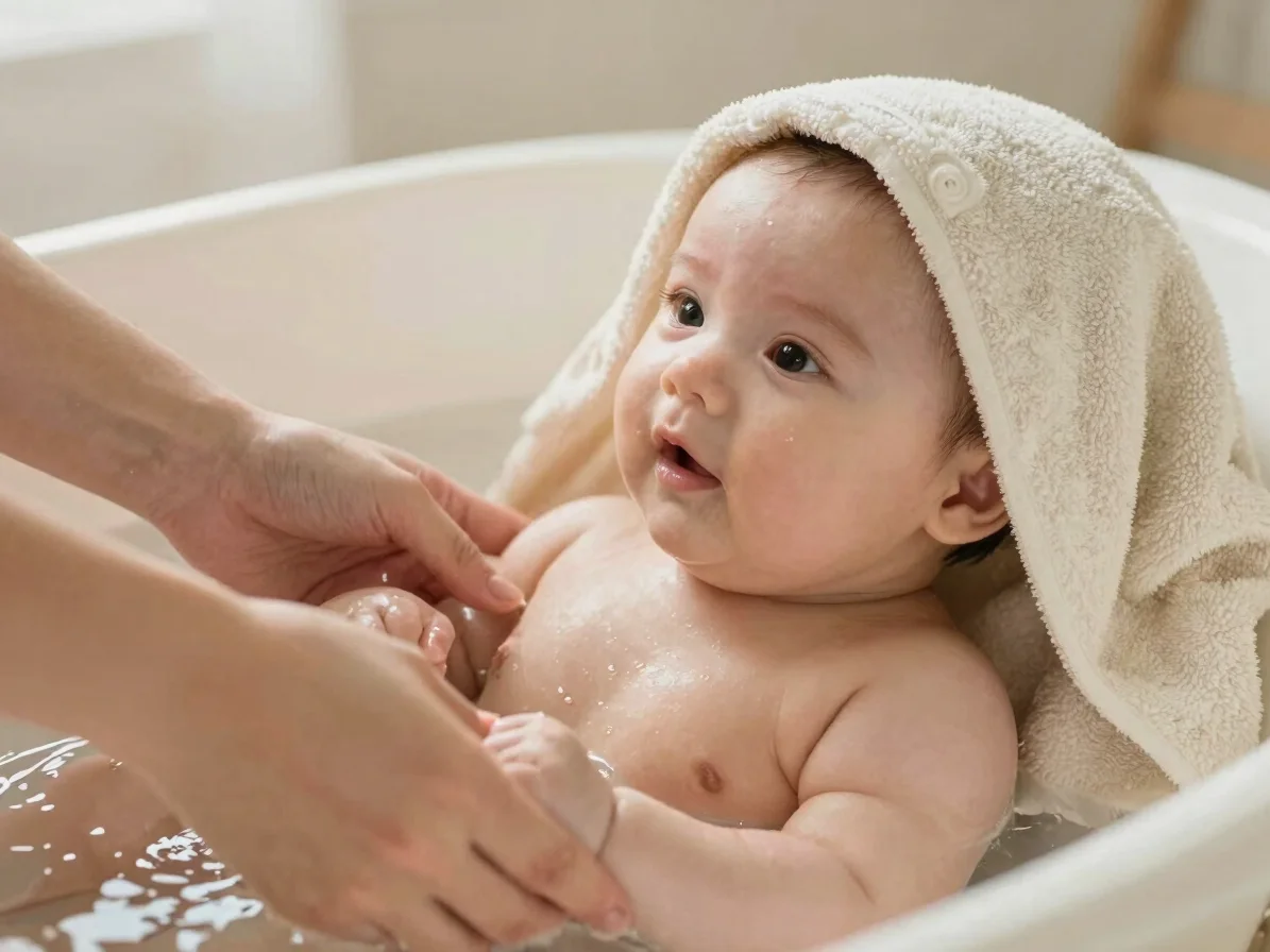 Baby in a soft bath moment, gentle hands and warm water light, iv