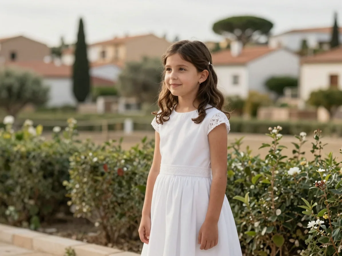 Outdoor first communion, a girl in a simple white dress standing