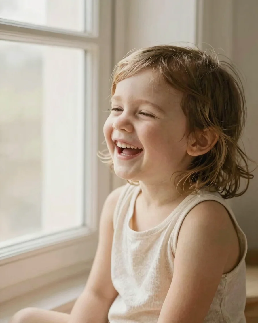 Primer plano cálido de una niña pequeña riendo mientras juega jun