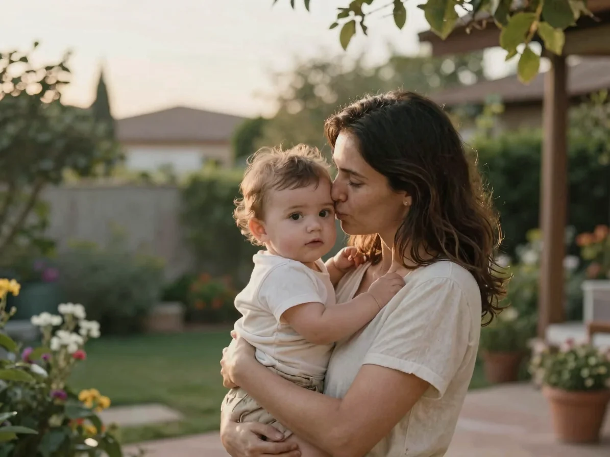 Escena familiar en exterior: madre y bebé en un jardín mediterrán