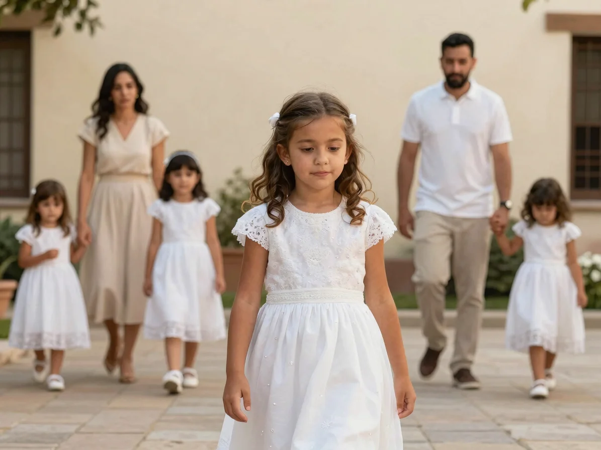 Momento de celebración en exterior: niña en comunión vestida de b