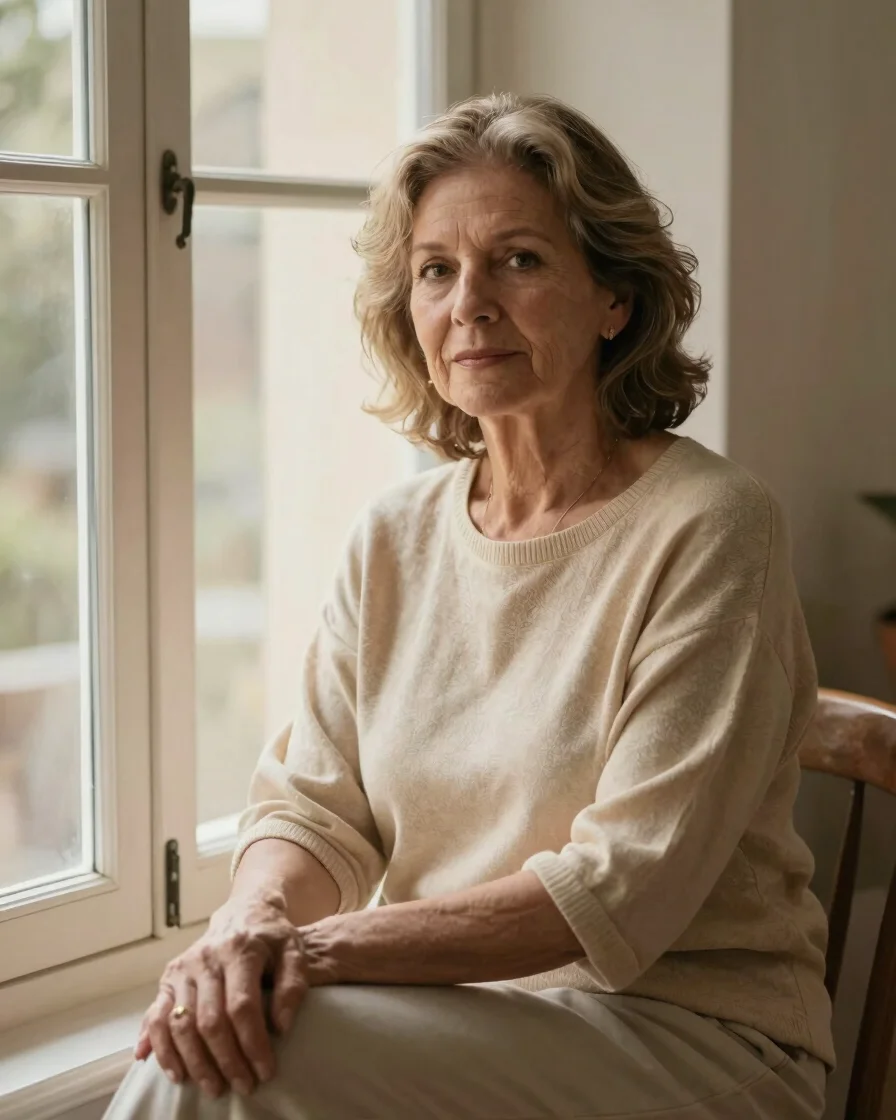 Retrato natural de una fotógrafa de mediana edad sentada junto a una ventana luminosa, luz suave de tarde sobre tonos ma