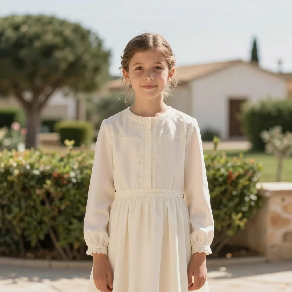 Outdoor first communion portrait in Mediterranean daylight, cream