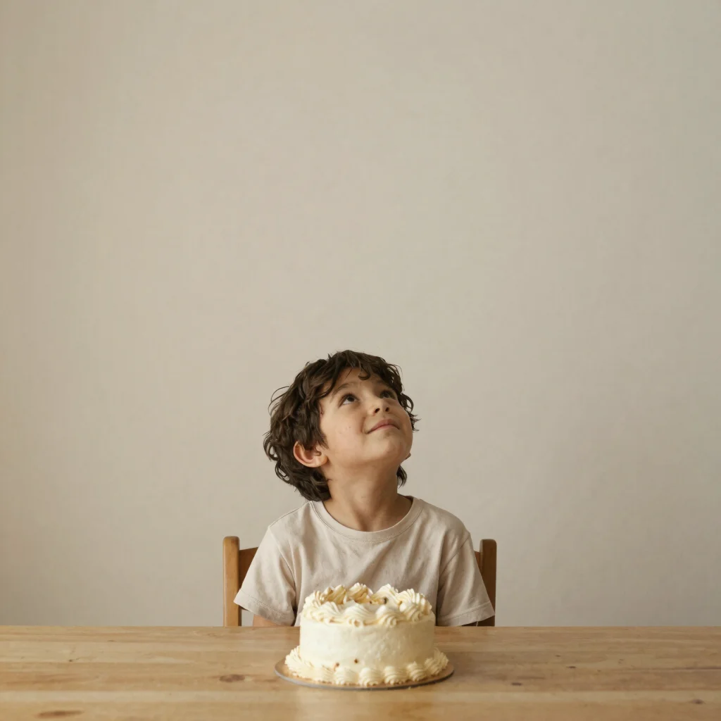 Birthday celebration at home with a small cake and a child lookin