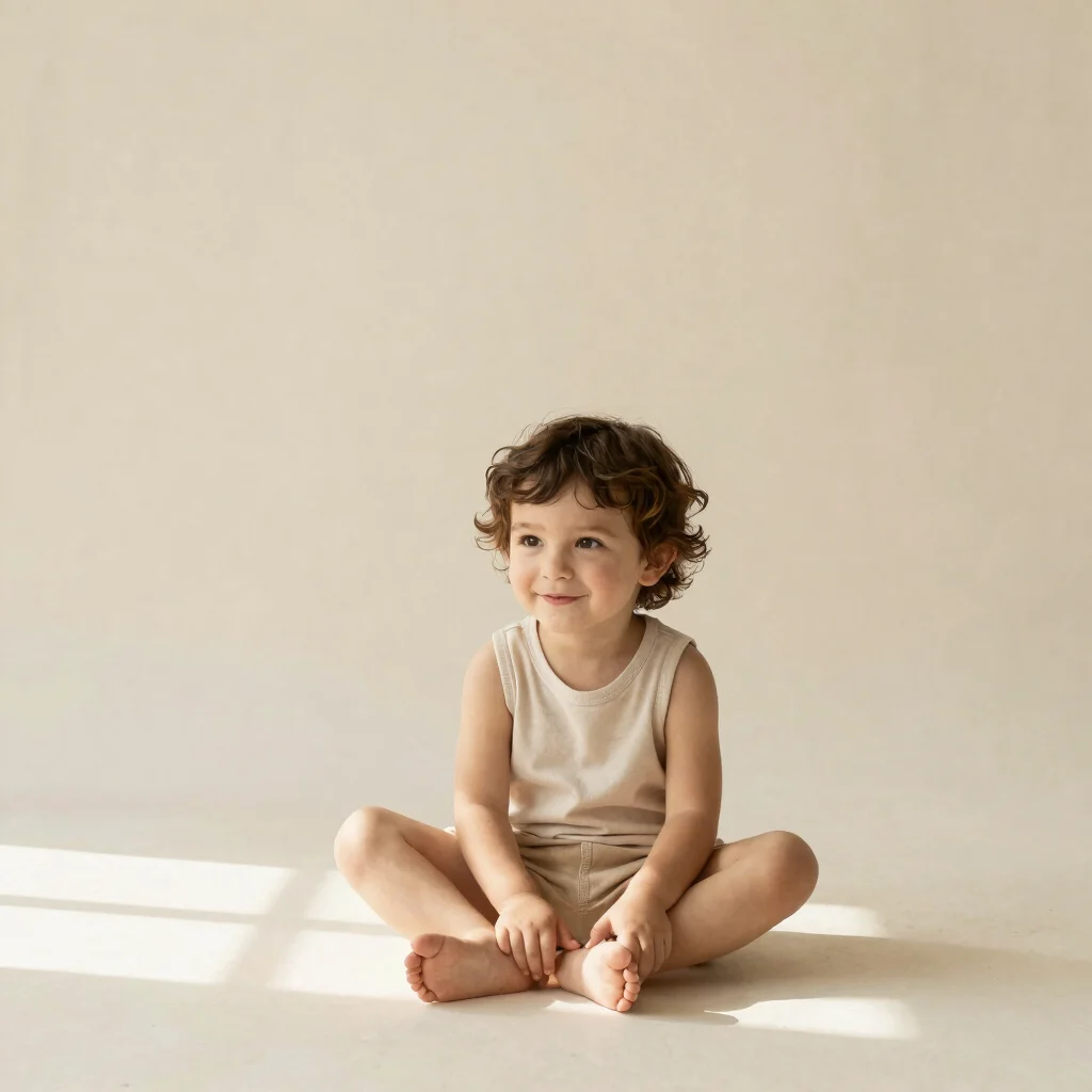 Small child exploring the studio with a gentle smile, soft natura
