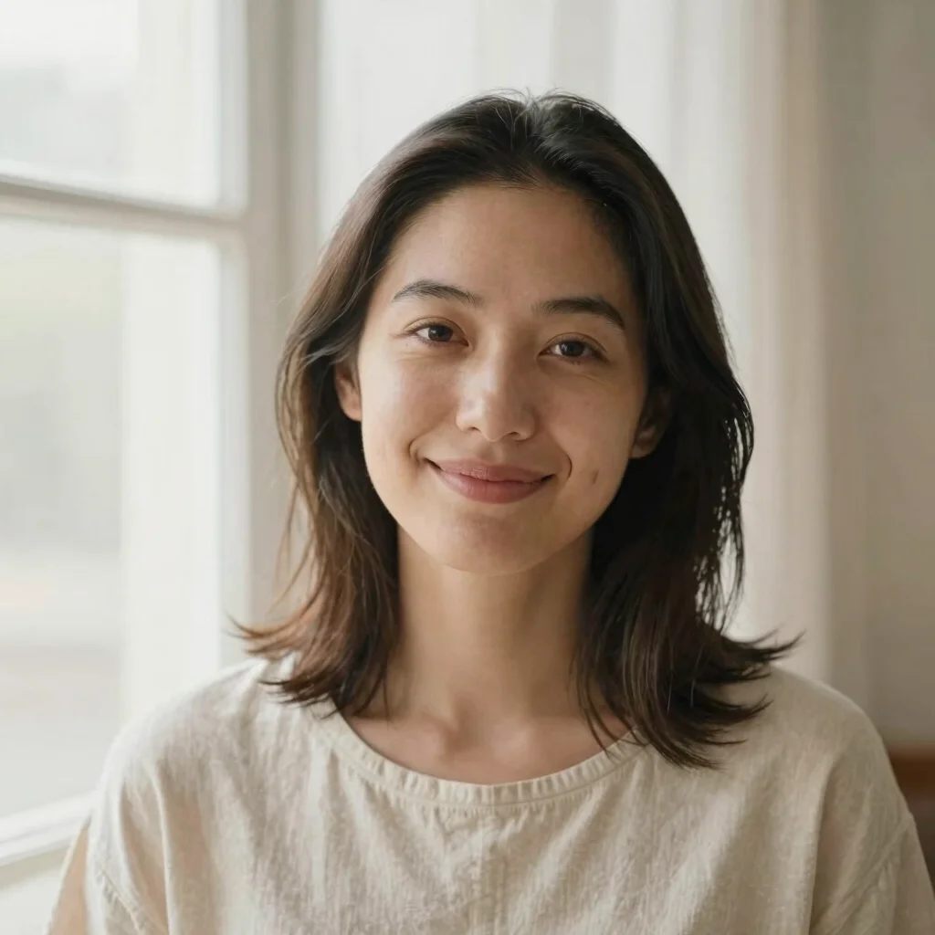 Editorial portrait of a woman with a calm, natural smile in soft