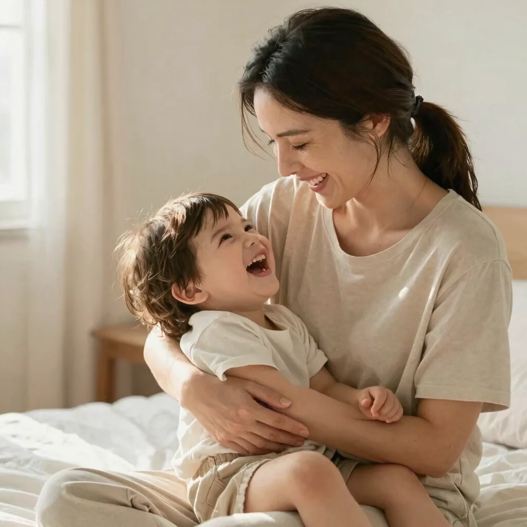 Family moment of a mother and child laughing gently together in a