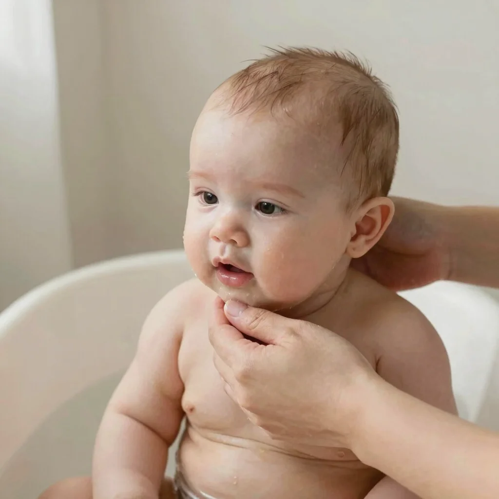 Baby bath moment in soft natural light, tender hands, neutral ivo